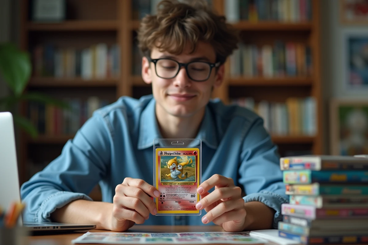 Jeune homme collectionneur tenant une carte Pokémon rare
