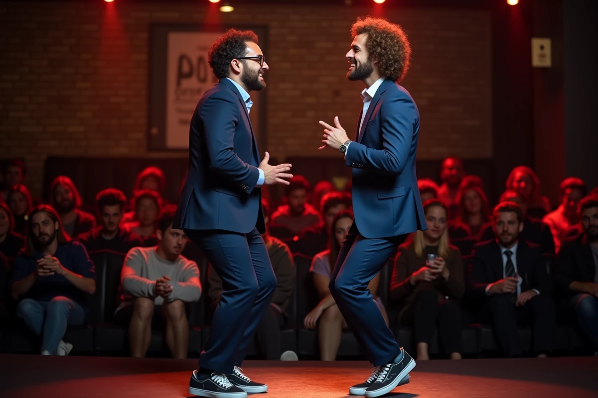 Deux jeunes comédiens jouent une scène dans un club de comédie