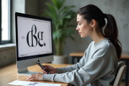Designer comparant la typographie Helonia Neue sur un écran de bureau et un smartphone dans un bureau moderne