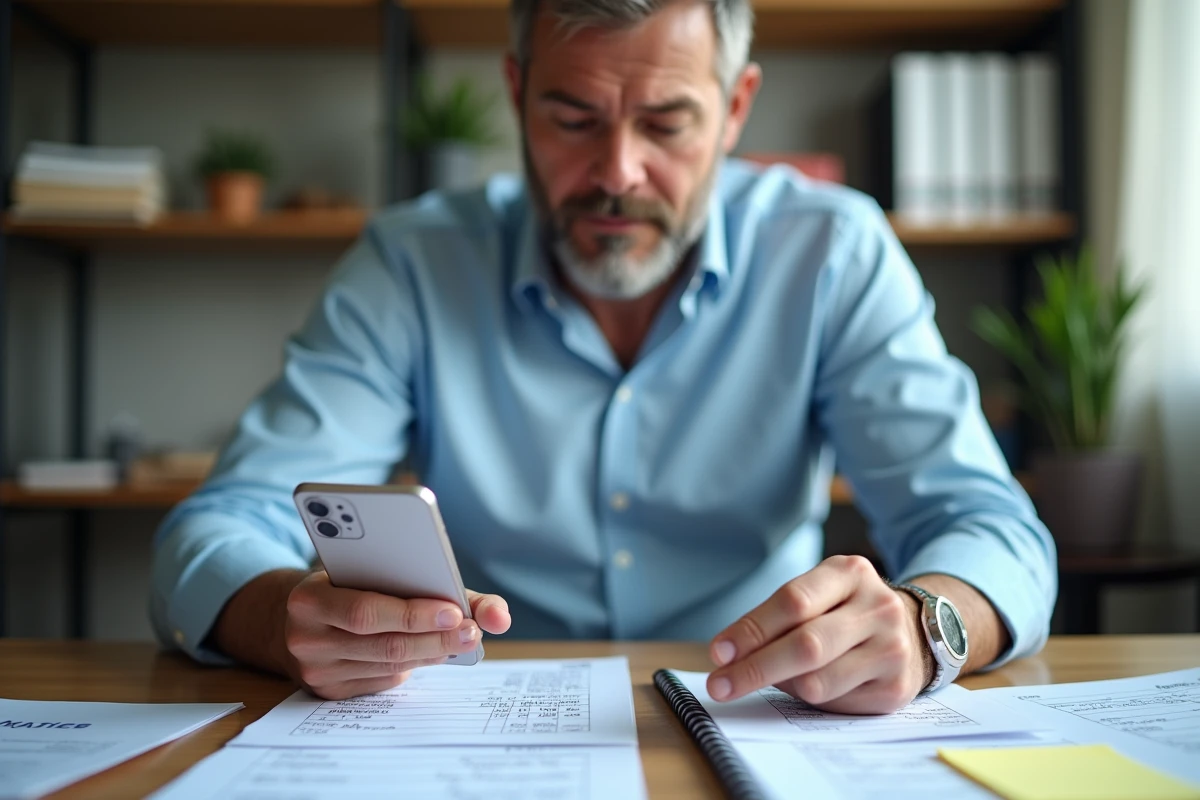 Homme constituant des preuves de démarchage téléphonique en photographiant ses relevés d'appels et notes manuscrites