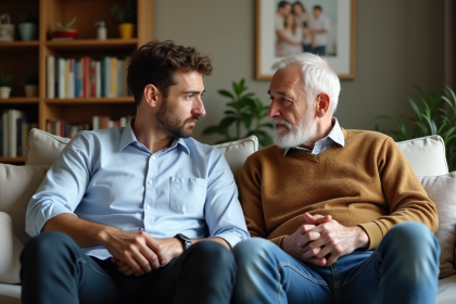 Jeune homme et homme plus age en discussion dans un salon