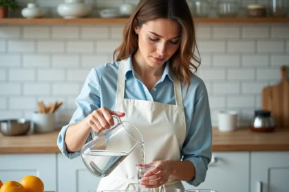 Femme versant un litre d'eau dans des contenants gradués en millilitres sur un comptoir de cuisine