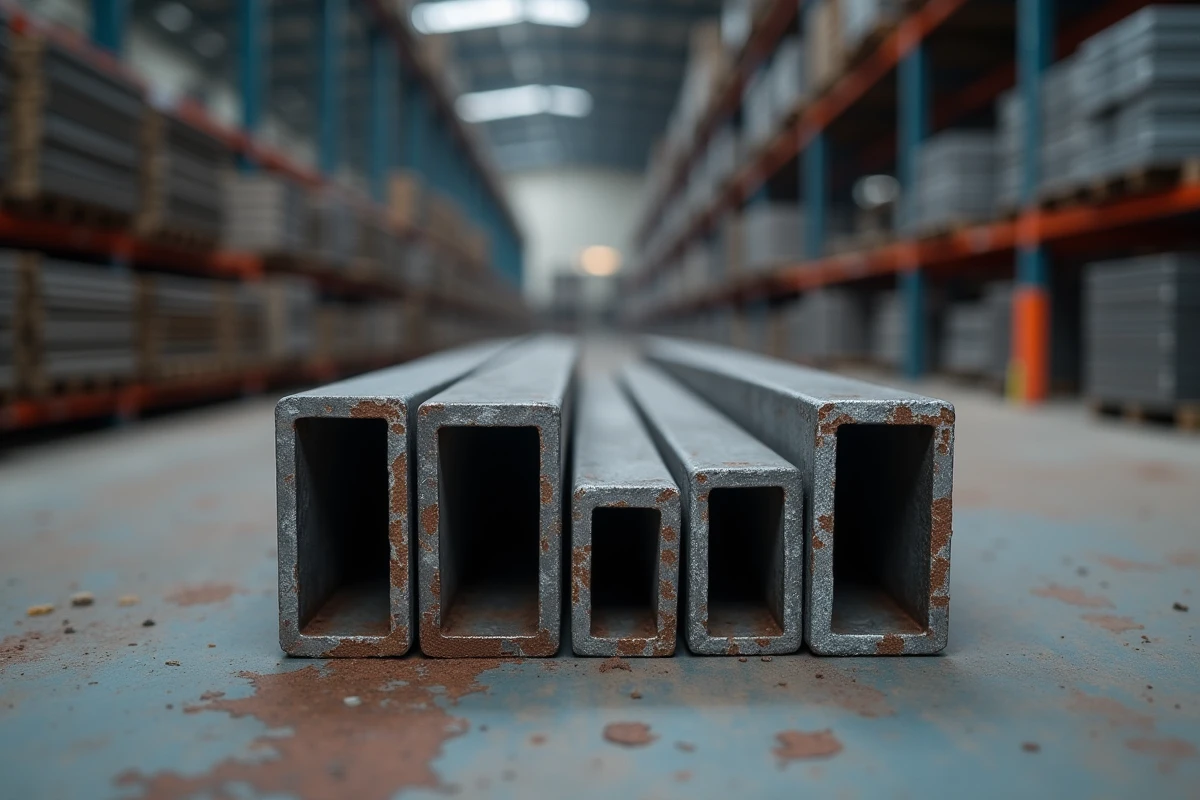 Cornières en L acier soudable de différentes dimensions stockées dans un entrepôt métallurgique industriel