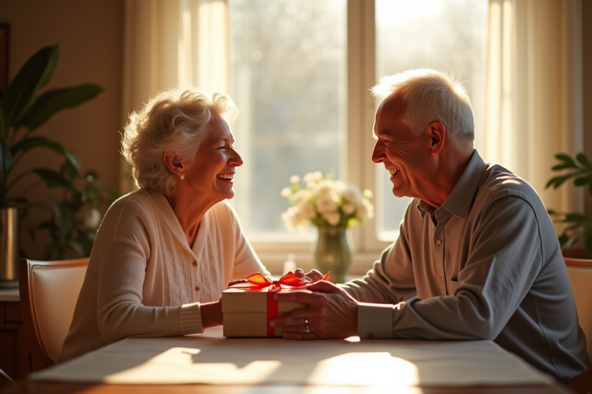 Couple agee souriant lors d un anniversaire