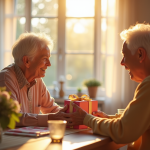 Couple âgé échangeant un cadeau d anniversaire chaleureux