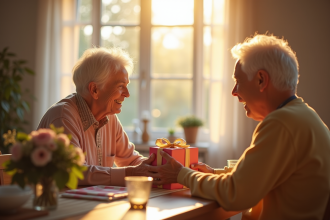 Couple âgé échangeant un cadeau d anniversaire chaleureux