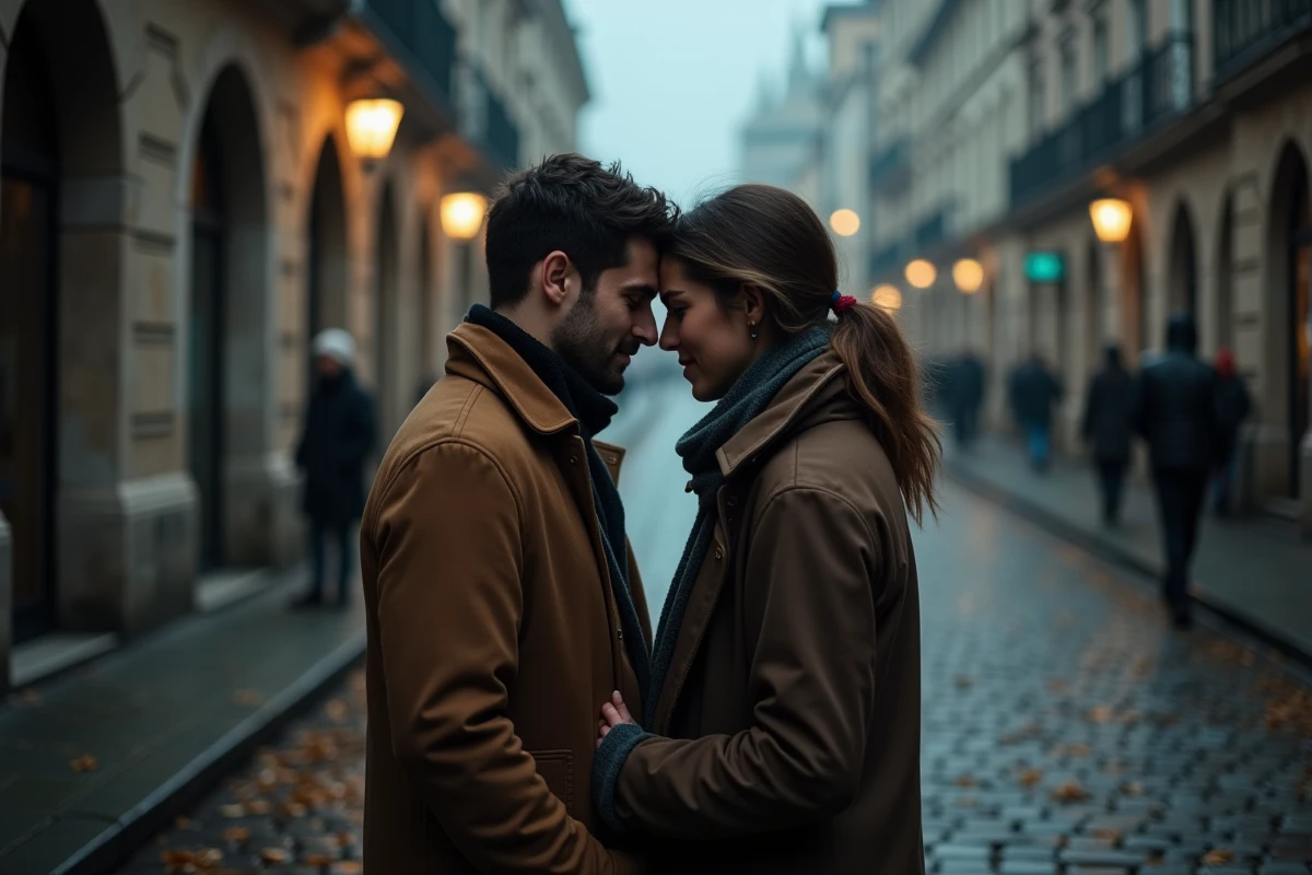 Couple face à face dans une rue pavée nocturne évoquant la connexion spirituelle et la rencontre des flammes jumelles