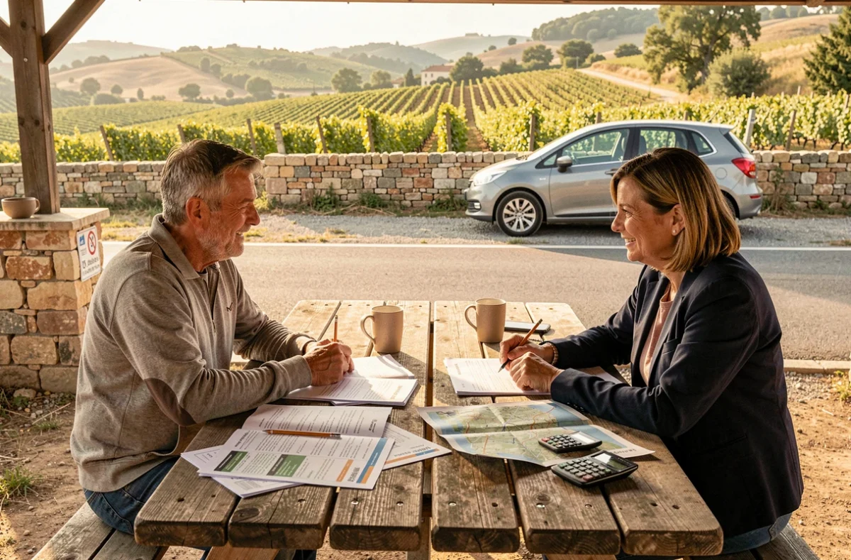 Couple planifiant les distances et le budget d'un road trip européen autour d'une table avec cartes et itinéraires imprimés