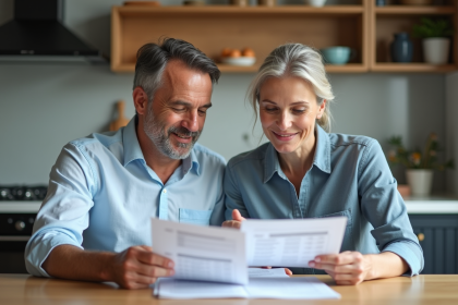 Couple d'adultes revoyant leurs plans de pension à la maison