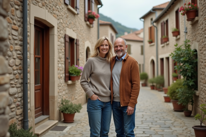 Couple français souriant devant maison de village