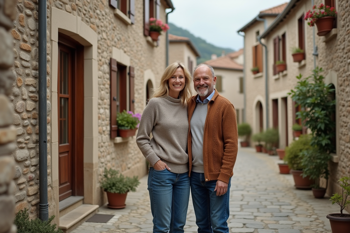 Couple français souriant devant maison de village