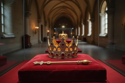 Couronne et sceptre médiévaux royaux français exposés sous verre dans un musée historique gothique