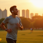 Courseur en ville au lever du soleil avec casque sans fil