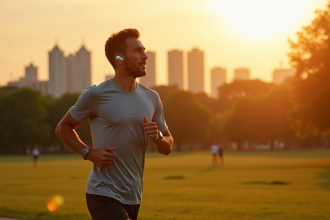 Courseur en ville au lever du soleil avec casque sans fil