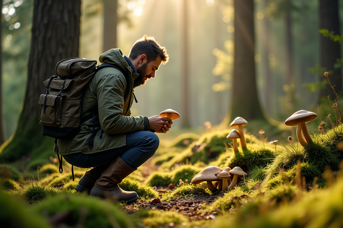 Cueilleur de champignons dans la forêt verte examinant un champignon