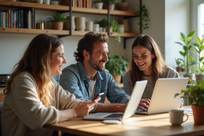 Trois personnes souriantes dans une cuisine moderne