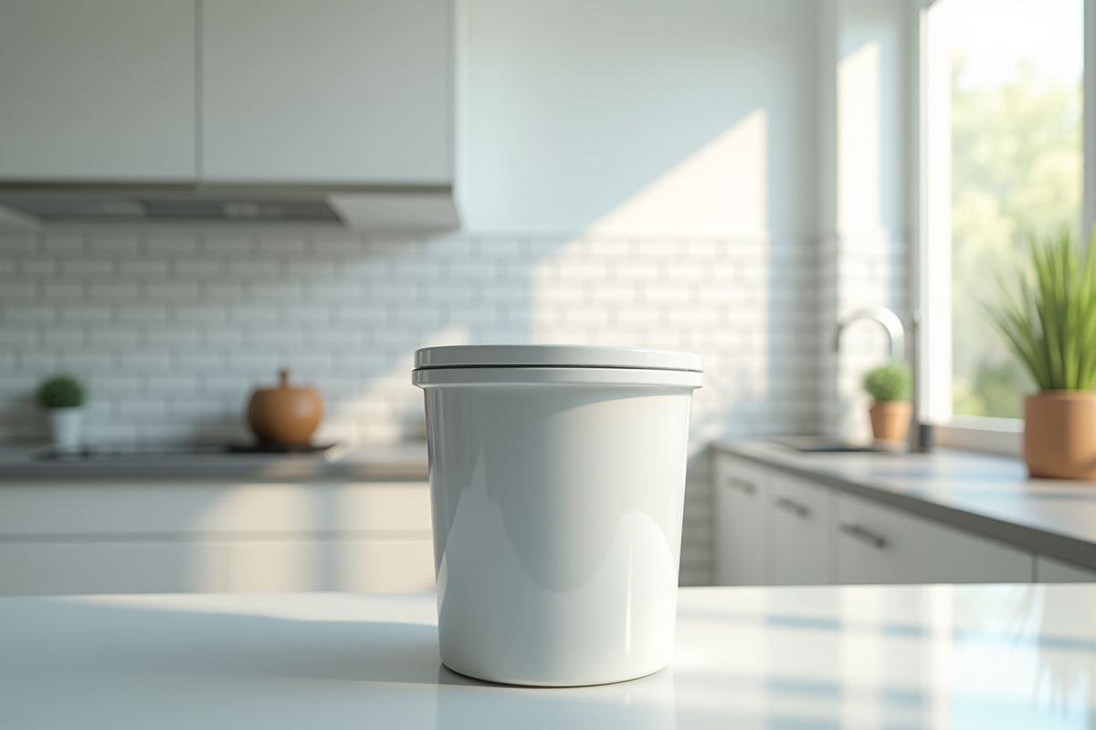 Cuisine moderne propre avec poubelle fermée et ambiance lumineuse