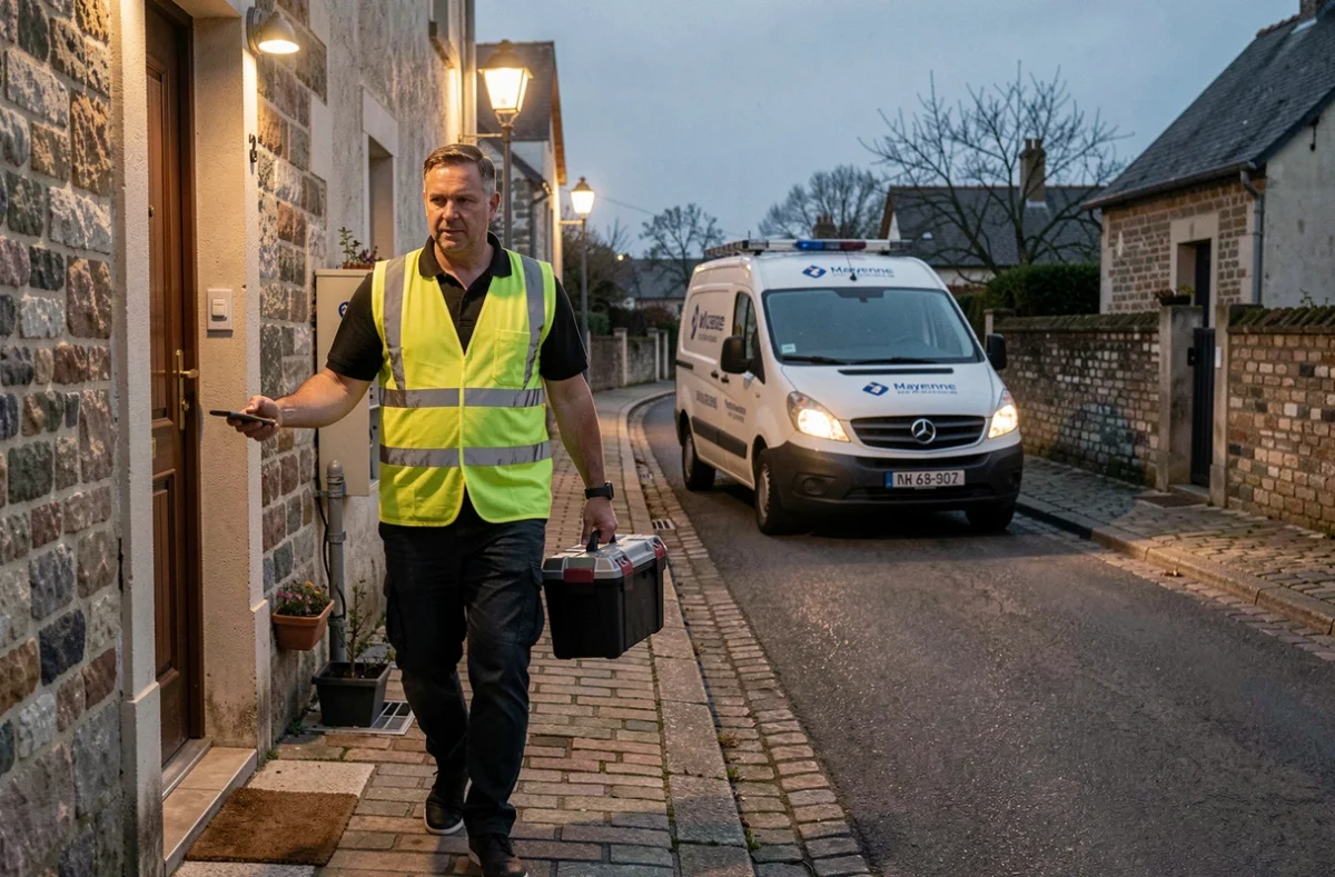 Serrurier d'urgence en Mayenne arrivant rapidement avec son matériel devant une porte résidentielle le soir