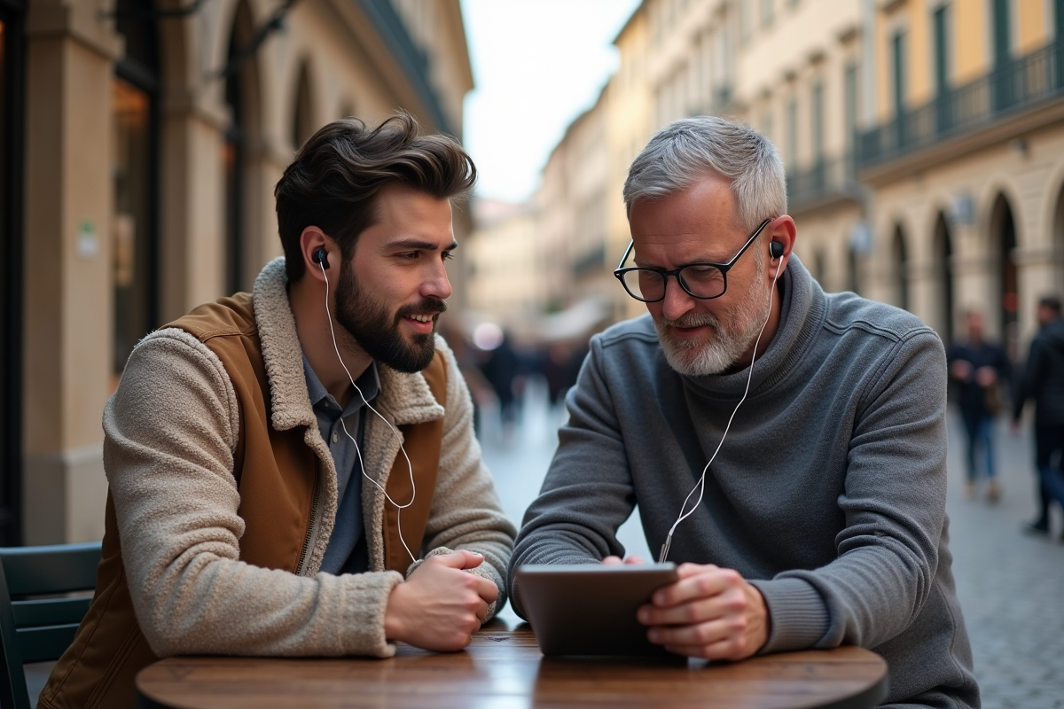 Deux hommes écoutant une traduction en extérieur