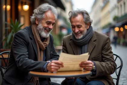 Deux hommes parisiens rient autour d'un script de comédie