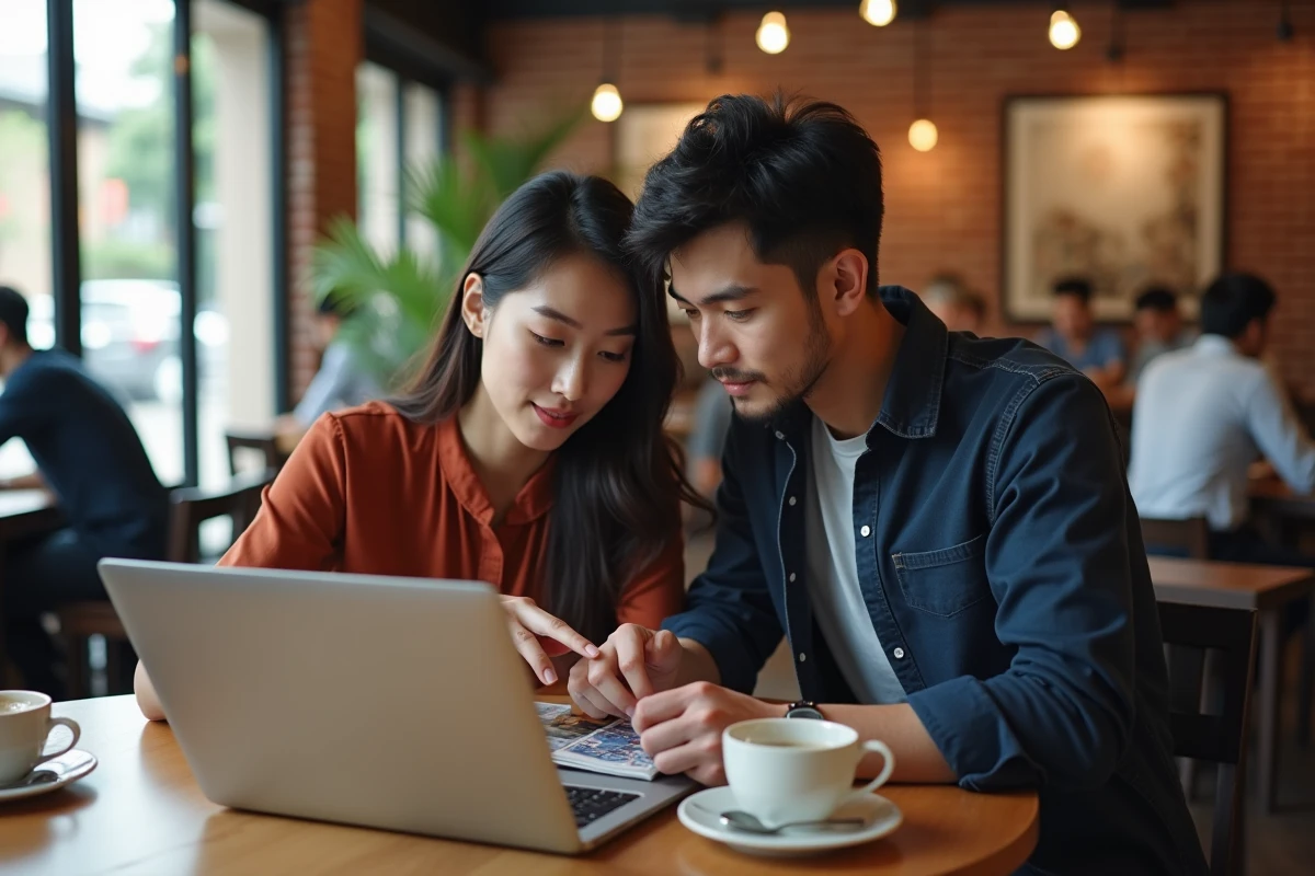 Deux adultes consultant un catalogue de mangas et manhwas sur ordinateur portable dans un café urbain