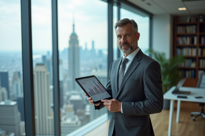 Economiste homme en costume devant la skyline urbaine