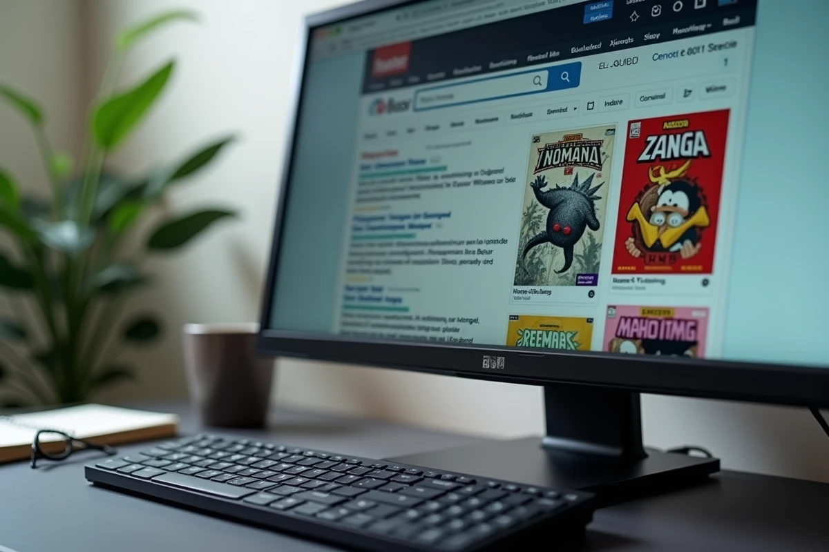 Écran d'ordinateur affichant des alternatives à PhenixScans dans un navigateur web, avec un carnet de notes manuscrites posé sur le bureau