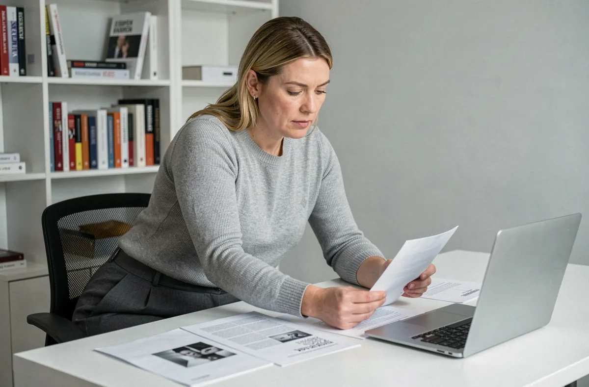Journaliste concentrée dans un bureau éditorial, relisant des documents, ambiance professionnelle et intellectuelle
