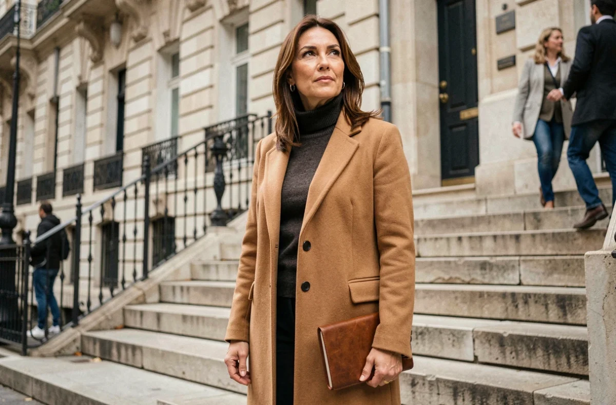 Femme journaliste en extérieur devant un immeuble haussmannien parisien, carnet à la main, regard déterminé