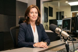 Journaliste professionnelle dans un studio radio moderne, posture confiante devant un microphone, ambiance éditoriale