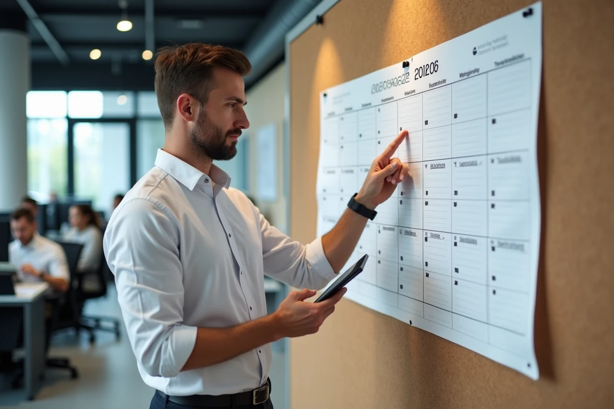 Employé en entreprise présentant un planning annuel 2026 imprimé affiché sur un tableau de liège en open space