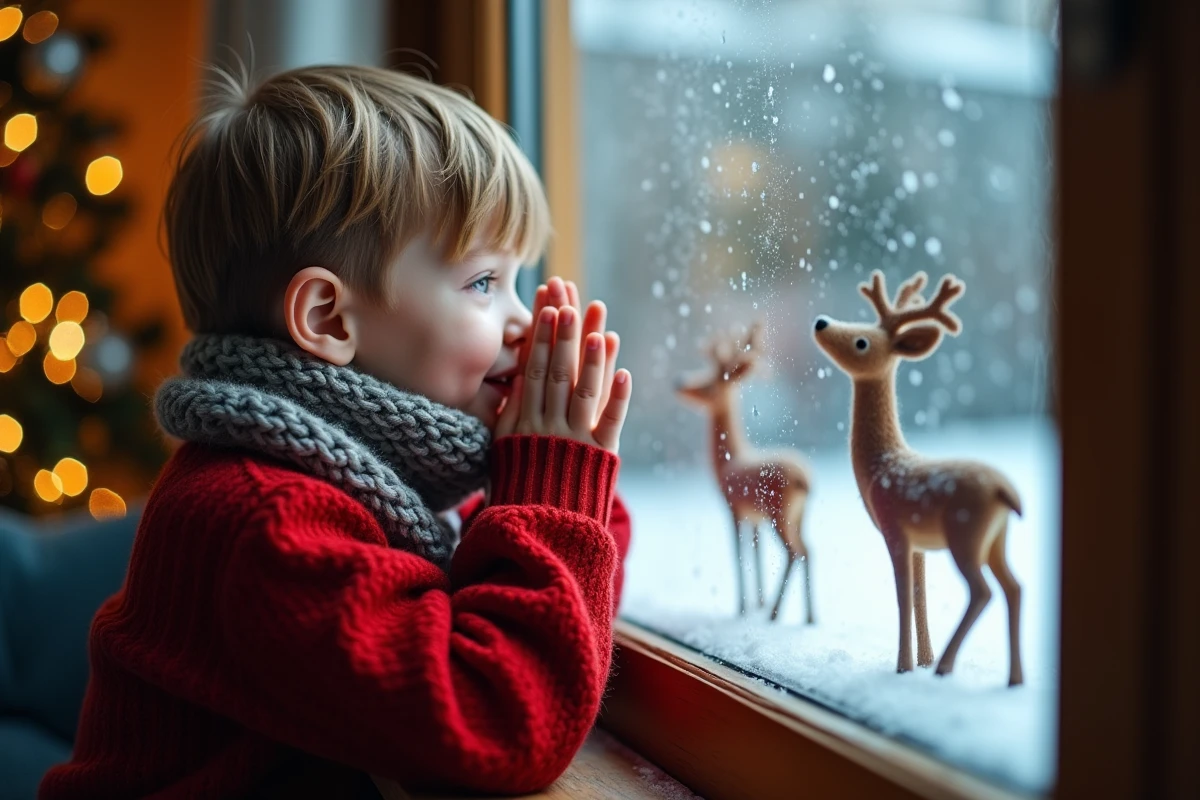 Enfant émerveillé regardant par une fenêtre givrée une décoration de renne du Père Noël dans un jardin enneigé pendant les fêtes
