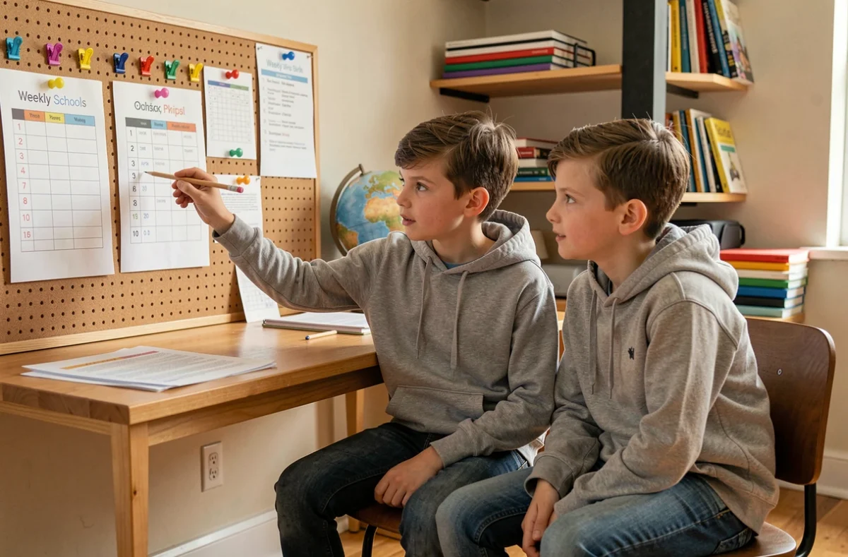 Deux enfants consultant un planning scolaire des semaines paires affiché au bureau