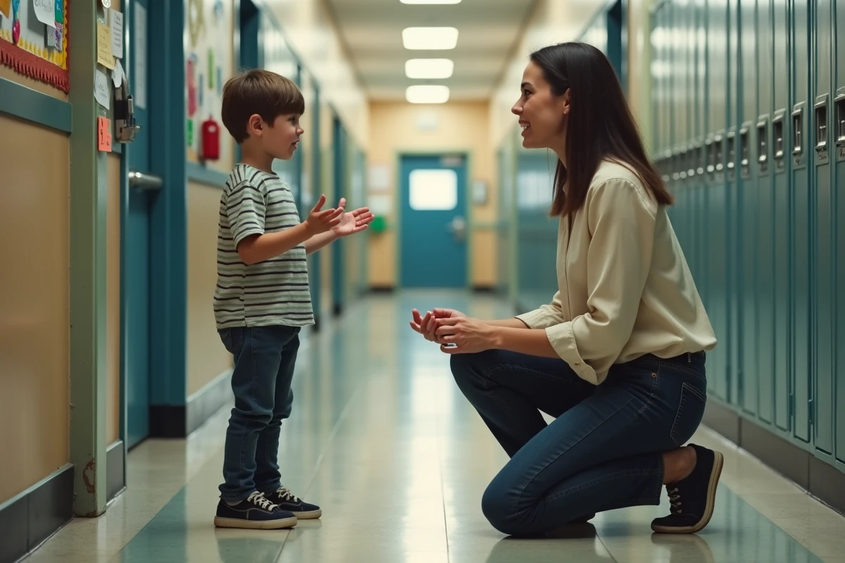 Enseignante aidant un élève à réciter un poème dans le couloir