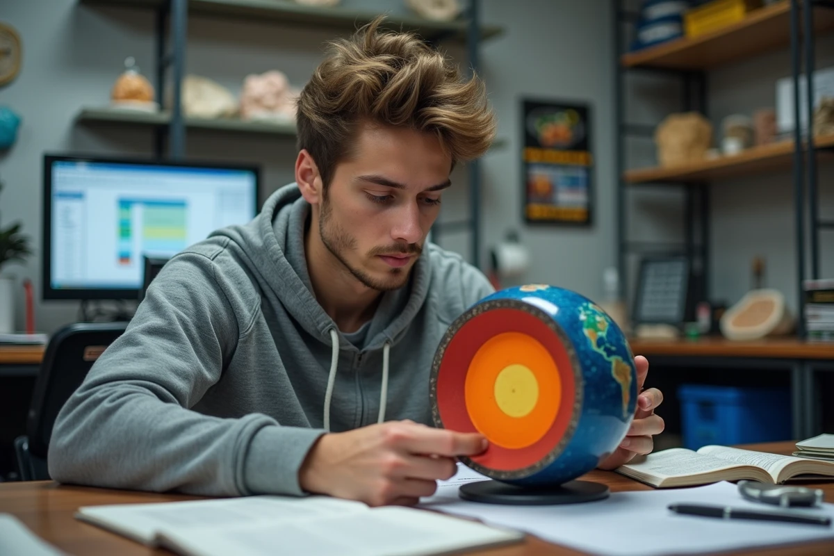 Étudiant en sciences analysant un modèle en coupe de la Terre avec des notes de calcul de densité terrestre sur un bureau de laboratoire universitaire