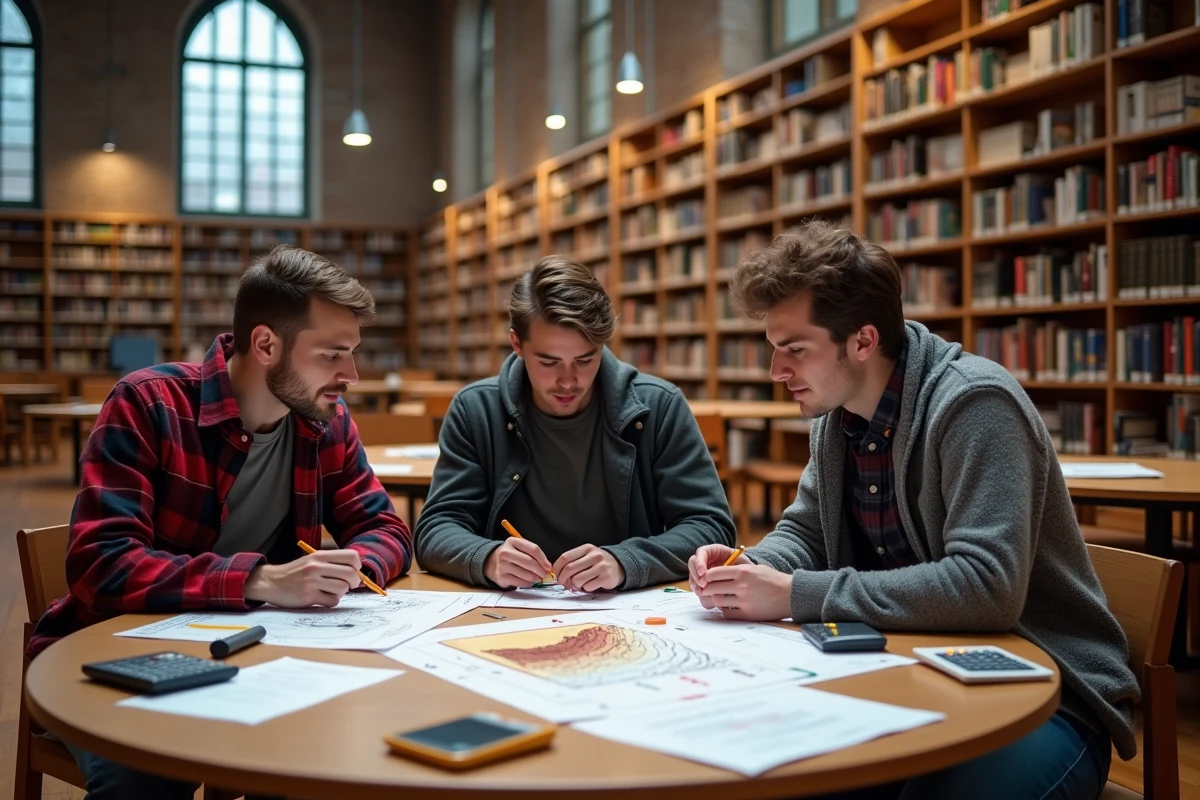 Groupe d'étudiants en master collaborant autour de diagrammes de densité terrestre et de calculs géophysiques dans une bibliothèque universitaire