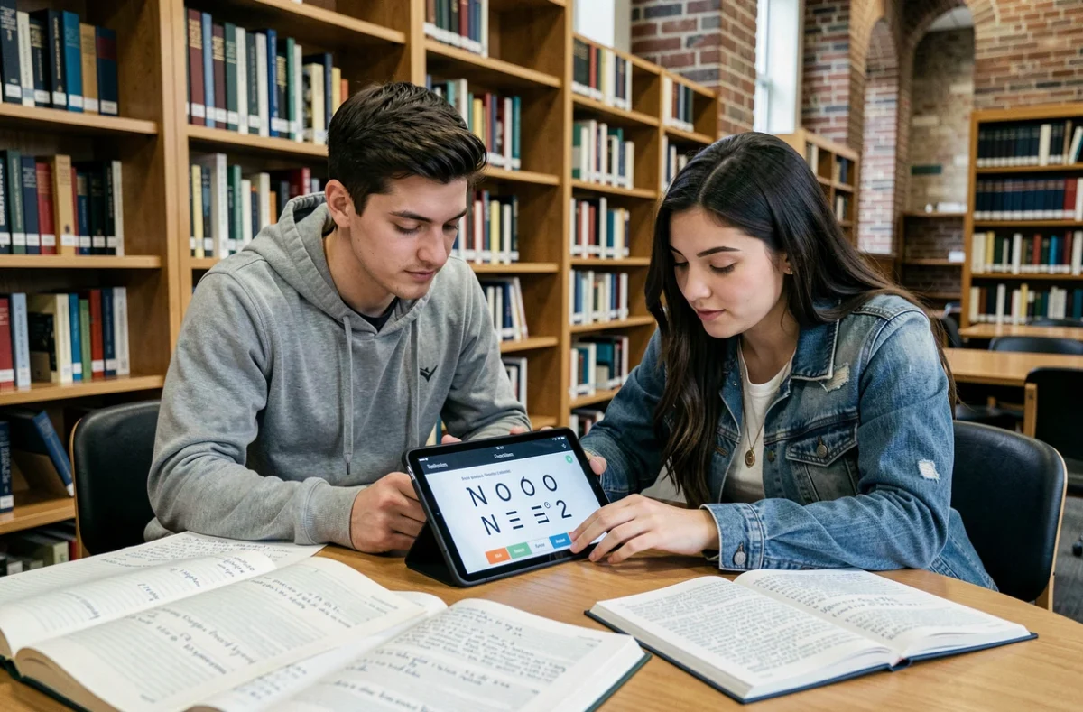 Deux étudiants collaborant sur des exercices de chiffres romains avec une tablette et des livres dans une bibliothèque universitaire