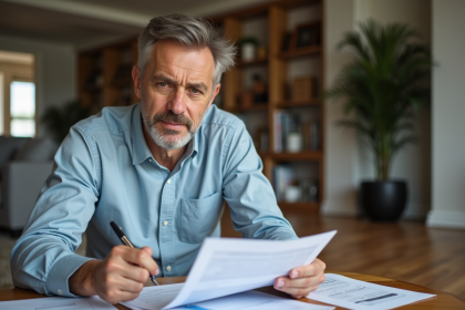 Expert immobilier homme examinant des papiers dans un salon moderne