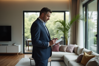 Agent immobilier en costume dans un salon moderne