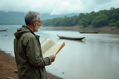 Scientifique regardant la rivière depuis la rive avec carte