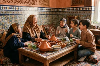 Famille marocaine réunie autour d'une table de ftour pendant le Ramadan, échangeant des salutations traditionnelles