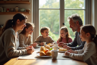 Famille recomposée partageant un petit déjeuner convivial