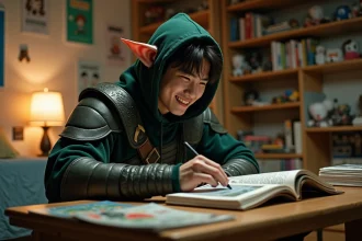 Fan de manhwa en costume de gobelin lisant I Reincarnated as an SSS-Ranked Goblin dans une chambre décorée de webtoons