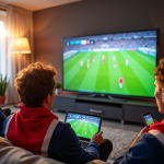 Fans de football regardant un match en salon lumineux