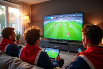 Fans de football regardant un match en salon lumineux