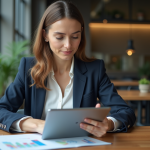 Femme d'affaires analysant des graphiques sur une tablette en coworking