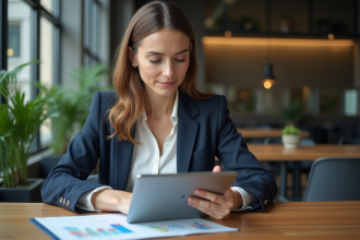 Femme d'affaires analysant des graphiques sur une tablette en coworking