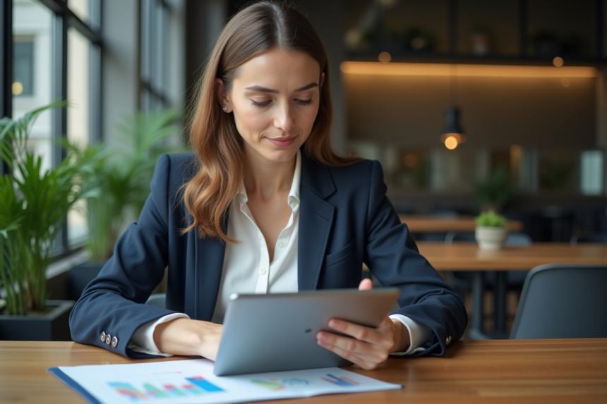 Femme d'affaires analysant des graphiques sur une tablette en coworking