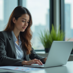Jeune femme d'affaires analysant un tableau financier sur son ordinateur