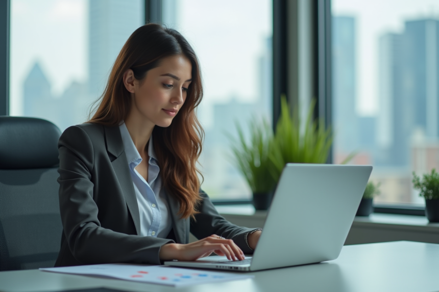 Jeune femme d'affaires analysant un tableau financier sur son ordinateur
